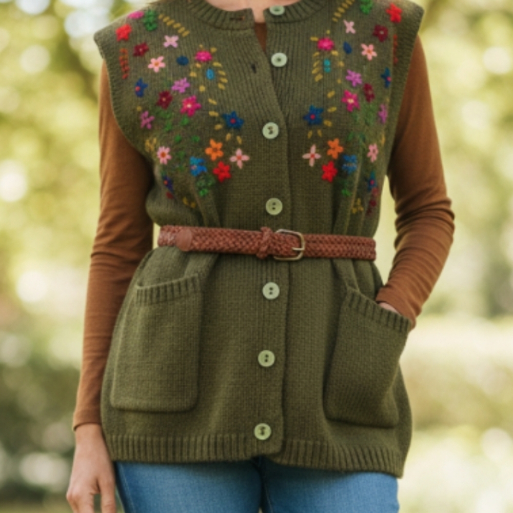 Vintage Floral Embroidered Crochet Vest Olive Green tone with Multicolor Flowers